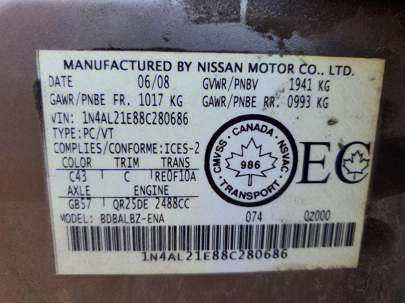 Продаж на аукціоні авто 2008 Nissan Altima, vin: 1N4AL21E88C280686, номер лоту: 72105626