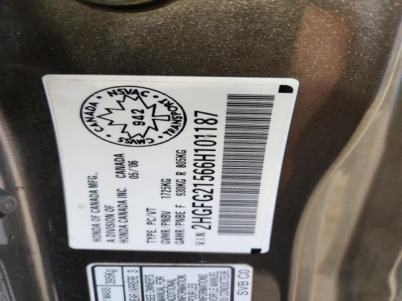 Продаж на аукціоні авто 2006 Honda Civic, vin: 2HGFG21566H101187, номер лоту: 70900566