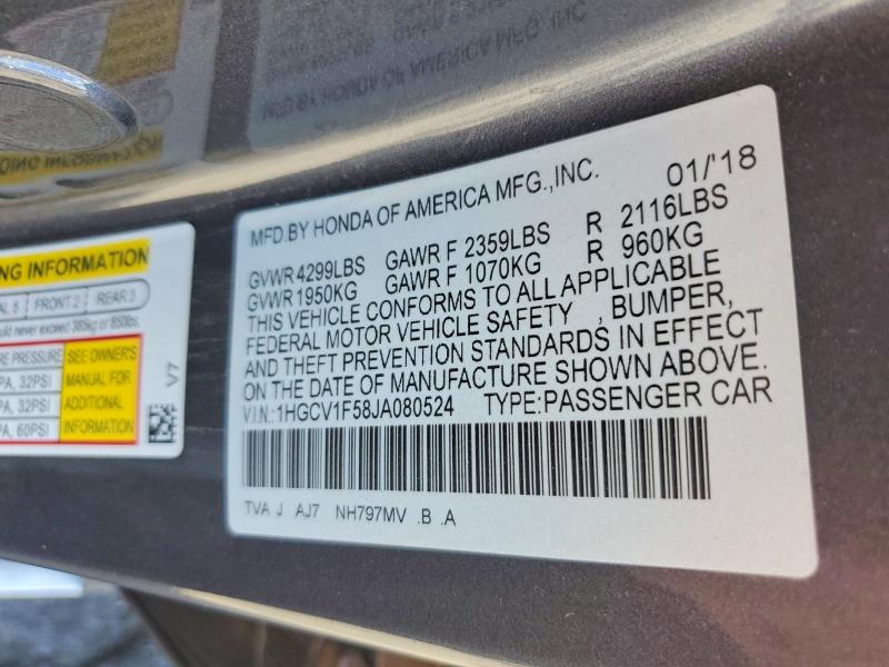 Продаж на аукціоні авто 2018 Honda Accord, vin: 1HGCV1F58JA080524, номер лоту: 71852406
