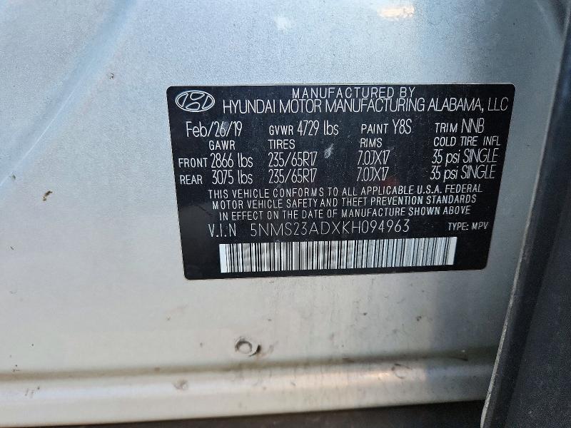 2019 Hyundai Santa Fe მანქანა იყიდება აუქციონზე, vin: 5NMS23ADXKH094963, აუქციონის ნომერი: 71365876