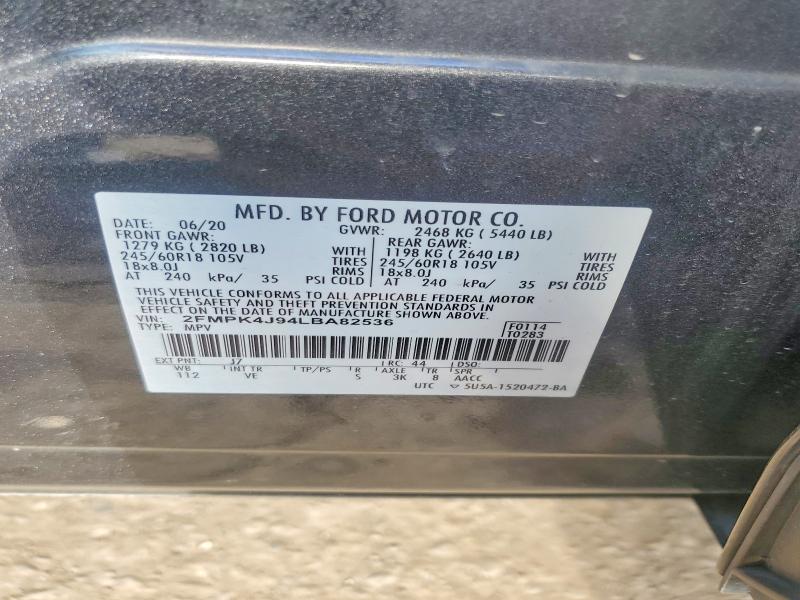 71994986 :رقم المزاد ، 2FMPK4J94LBA82536 vin ، 2020 Ford Edge مزاد بيع