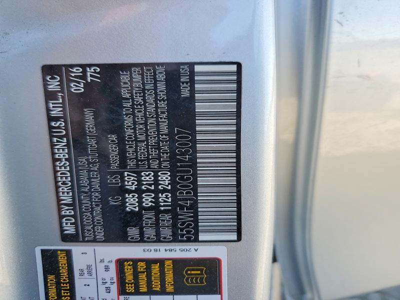 70725456 :رقم المزاد ، 55SWF4JB0GU143007 vin ، 2016 Mercedes-benz C مزاد بيع