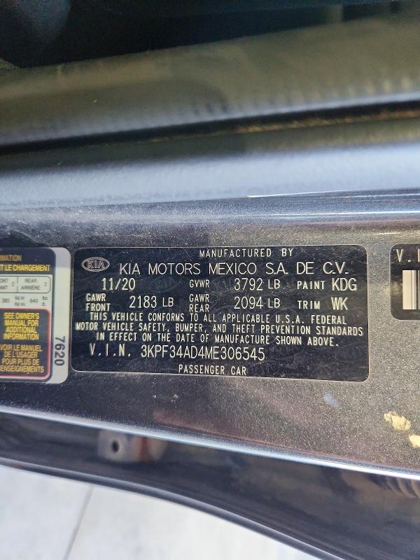 71441456 :رقم المزاد ، 3KPF34AD4ME306545 vin ، 2021 Kia Forte مزاد بيع