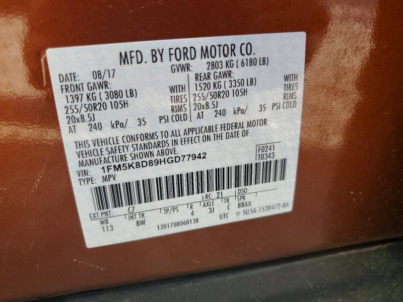71089496 :رقم المزاد ، 1FM5K8D89HGD77942 vin ، 2017 Ford Explorer مزاد بيع