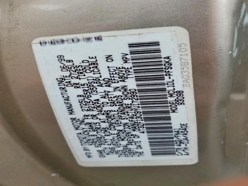 2000 Toyota Sienna მანქანა იყიდება აუქციონზე, vin: 4T3ZF13C9YU172990, აუქციონის ნომერი: 71889666