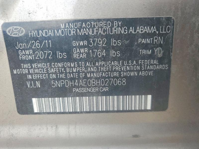 Продажа на аукционе авто 2011 Hyundai Elantra, vin: 5NPDH4AE0BH027068, номер лота: 70797526
