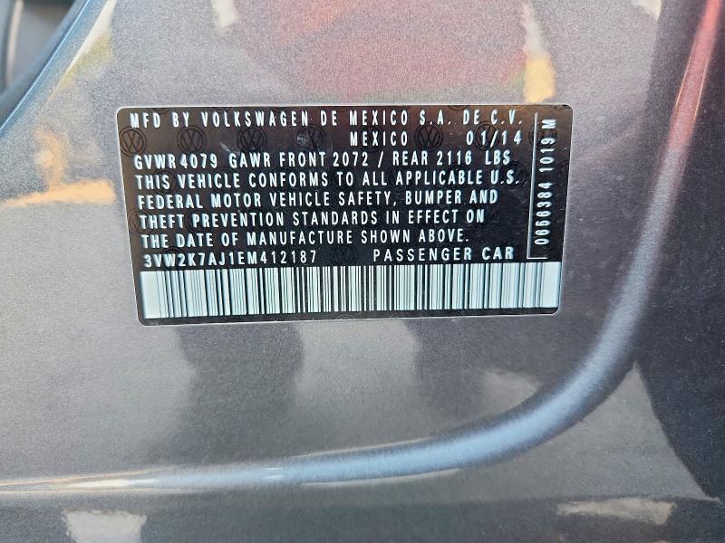 2014 Volkswagen Jetta მანქანა იყიდება აუქციონზე, vin: 3VW2K7AJ1EM412187, აუქციონის ნომერი: 70663806