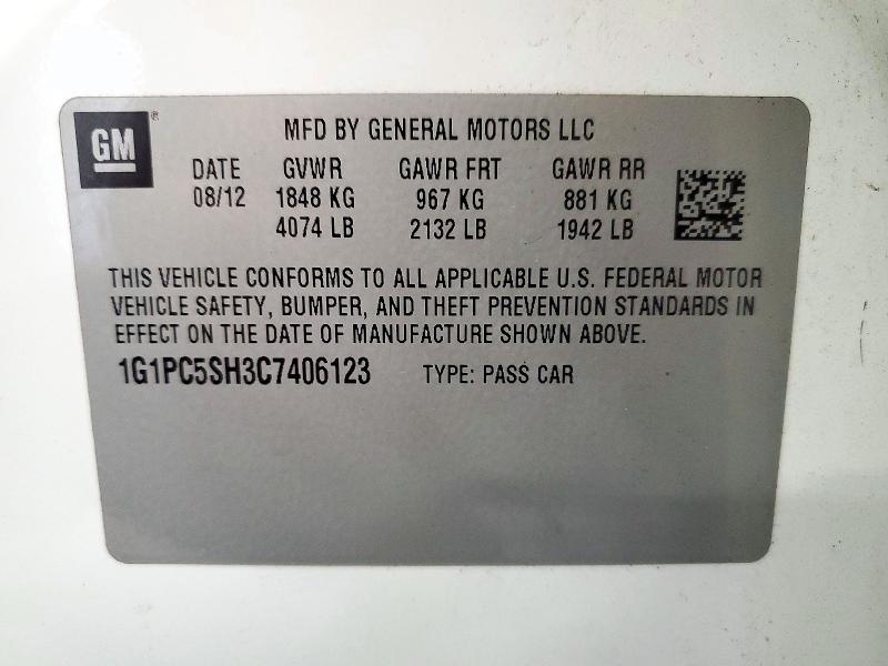 72591226 :رقم المزاد ، 1G1PC5SH3C7406123 vin ، 2012 Chevrolet Cruze مزاد بيع