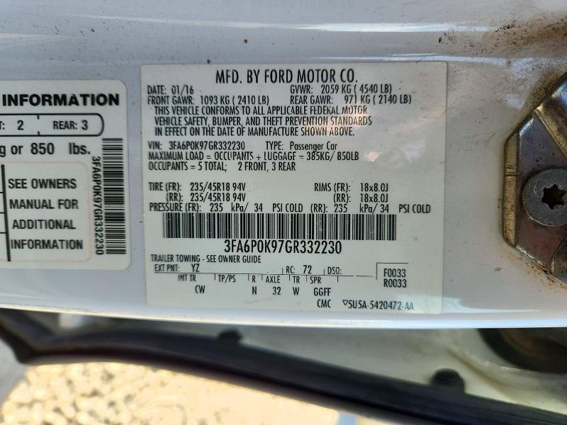 73074756 :رقم المزاد ، 3FA6P0K97GR332230 vin ، 2016 Ford Fusion مزاد بيع