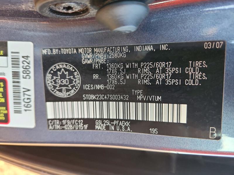 2007 Toyota Sienna მანქანა იყიდება აუქციონზე, vin: 5TDBK23C47S003432, აუქციონის ნომერი: 73083826
