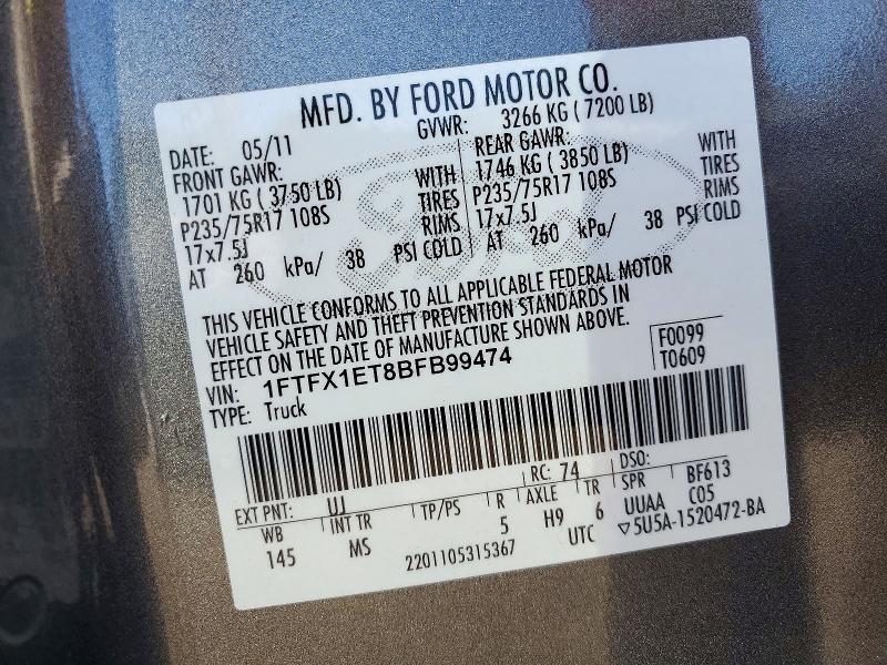 72831706 :رقم المزاد ، 1FTFX1ET8BFB99474 vin ، 2011 Ford F150 مزاد بيع