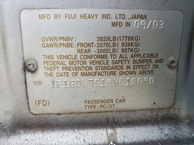 2004 Subaru Impreza მანქანა იყიდება აუქციონზე, vin: JF1GD67514H518090, აუქციონის ნომერი: 71262996