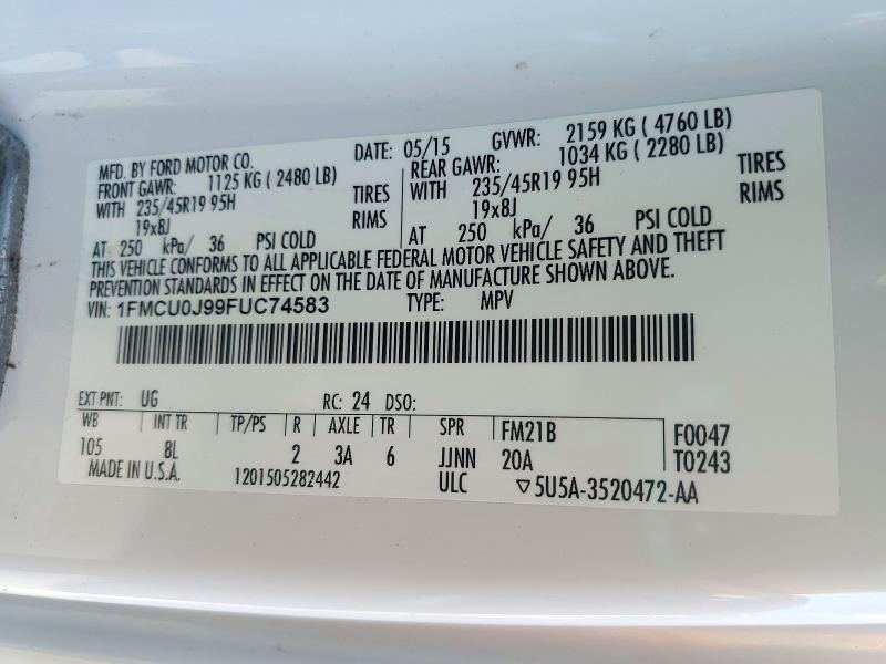 Продаж на аукціоні авто 2015 Ford Escape, vin: 1FMCU0J99FUC74583, номер лоту: 72238896