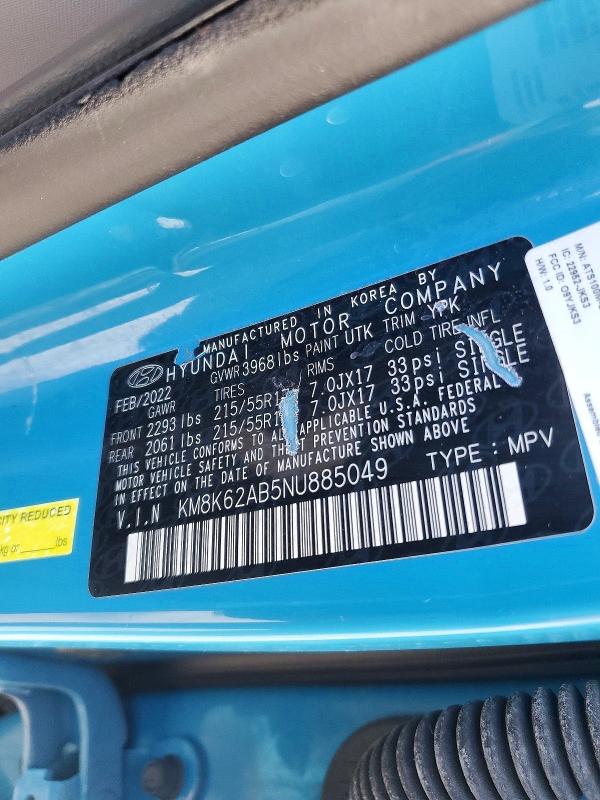 Auction sale of the 2022 Hyundai Kona, vin: KM8K62AB5NU885049, lot number: 72241306