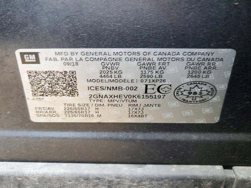 Продаж на аукціоні авто 2019 Chevrolet Equinox, vin: 2GNAXHEV0K6155197, номер лоту: 71990616