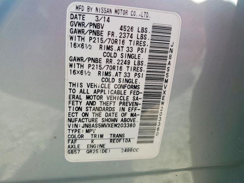 Aukcja sprzedaży 2014 Nissan Rogue Select, vin: JN8AS5MVXEW203360, numer aukcji: 71388306