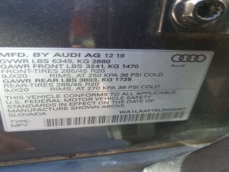 2020 Audi Q7 მანქანა იყიდება აუქციონზე, vin: WA1LXAF79LD002467, აუქციონის ნომერი: 59412636