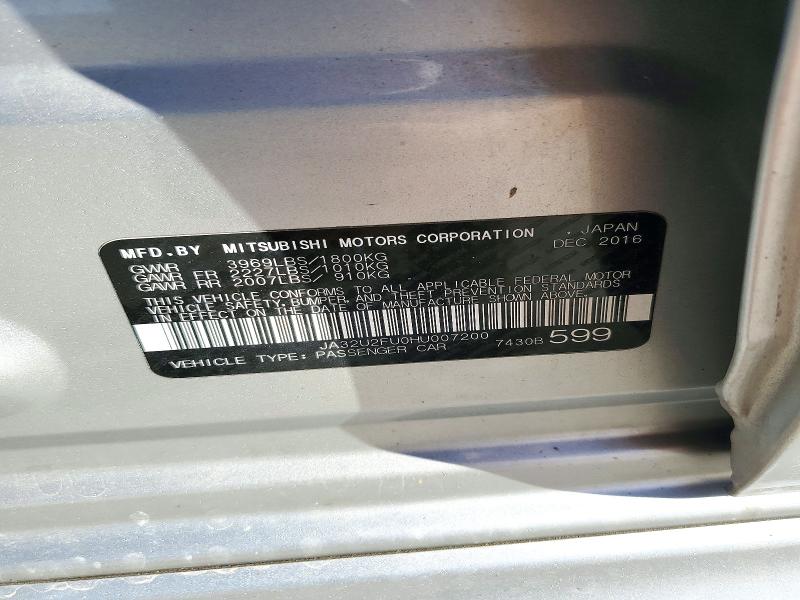 72164846 :رقم المزاد ، JA32U2FU0HU007200 vin ، 2017 Mitsubishi Lancer مزاد بيع