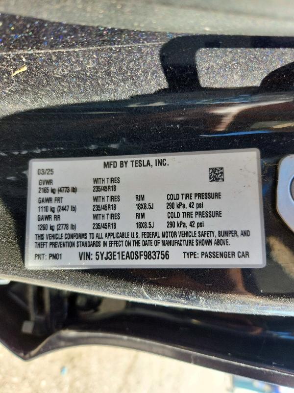 Aukcja sprzedaży 2025 Tesla Model 3, vin: 5YJ3E1EA0SF983756, numer aukcji: 71488986