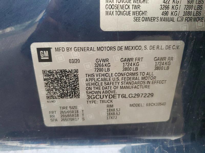 Aukcja sprzedaży 2020 Chevrolet Silverado, vin: 3GCUYDET6LG297229, numer aukcji: 71748606