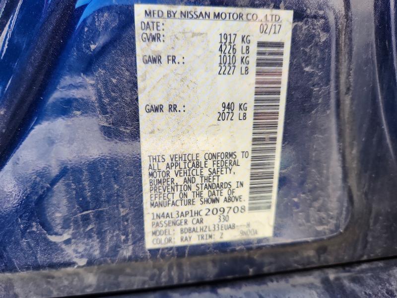 2017 Nissan Altima მანქანა იყიდება აუქციონზე, vin: 1N4AL3AP1HC209708, აუქციონის ნომერი: 71598756