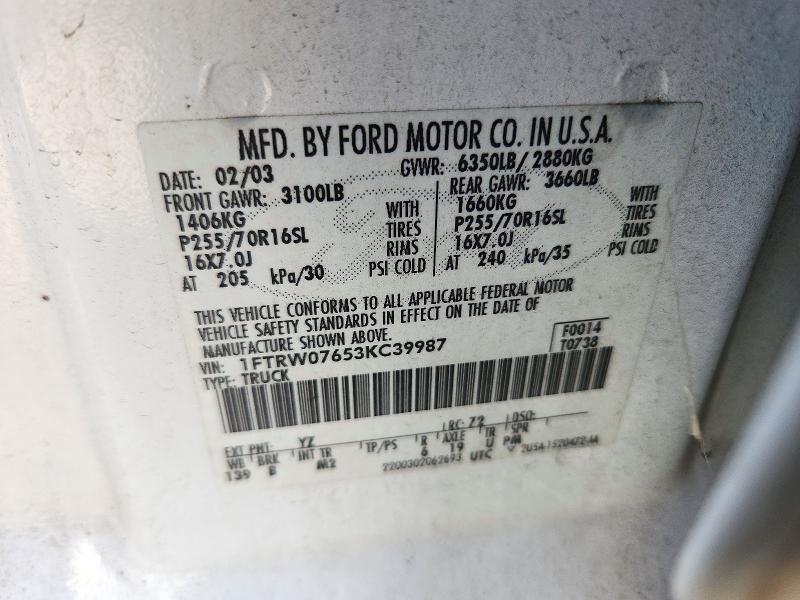 Aukcja sprzedaży 2003 Ford F150, vin: 1FTRW07653KC39987, numer aukcji: 72571486