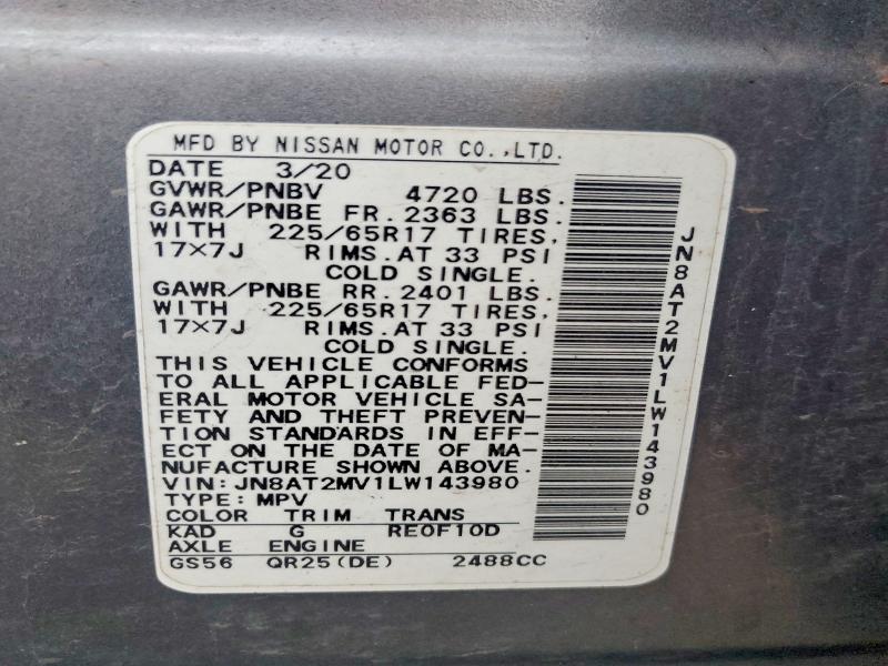2020 Nissan Rogue მანქანა იყიდება აუქციონზე, vin: JN8AT2MV1LW143980, აუქციონის ნომერი: 71540406