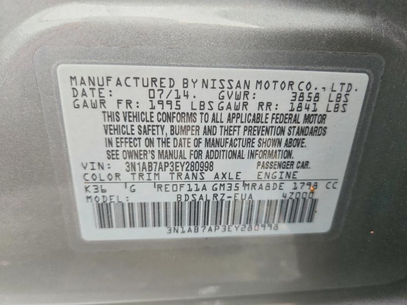 2014 Nissan Sentra მანქანა იყიდება აუქციონზე, vin: 3N1AB7AP3EY280998, აუქციონის ნომერი: 71708346