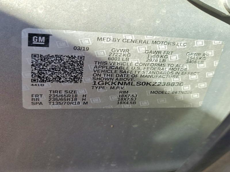 70753436 :رقم المزاد ، 1GKKNMLS0KZ238836 vin ، 2019 Gmc Acadia مزاد بيع