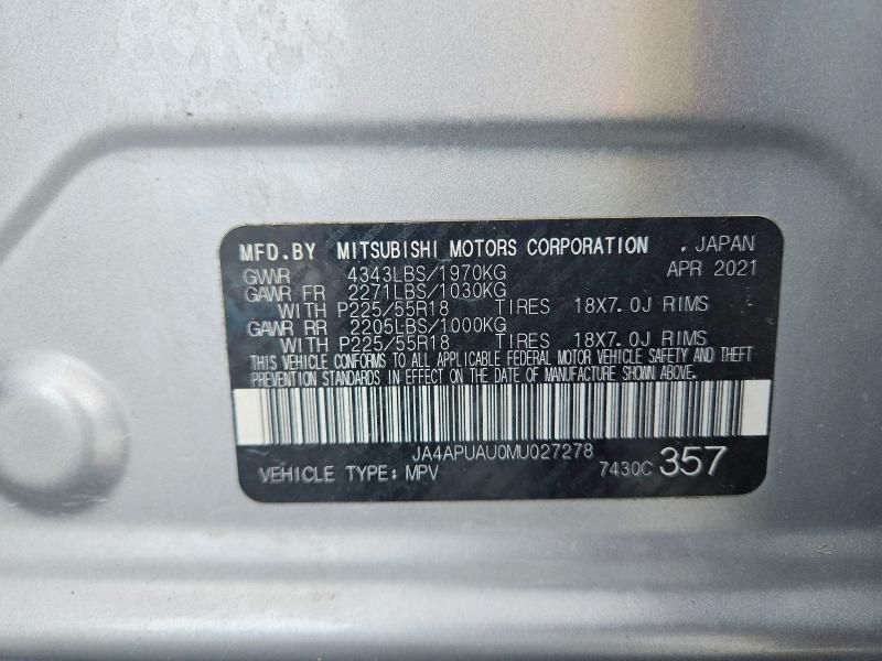 2021 Mitsubishi Outlander Sport მანქანა იყიდება აუქციონზე, vin: JA4APUAU0MU027278, აუქციონის ნომერი: 71644756
