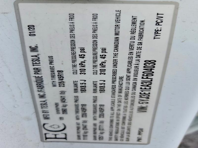 Продажа на аукционе авто 2020 Tesla Model 3, vin: 5YJ3E1EA3LF604038, номер лота: 71212106