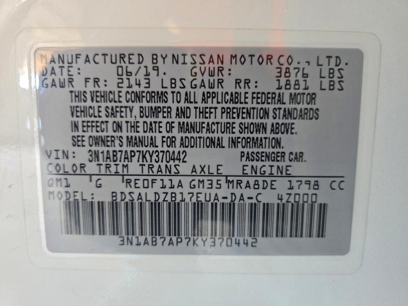 Продаж на аукціоні авто 2019 Nissan Sentra, vin: 3N1AB7AP7KY370442, номер лоту: 72023966