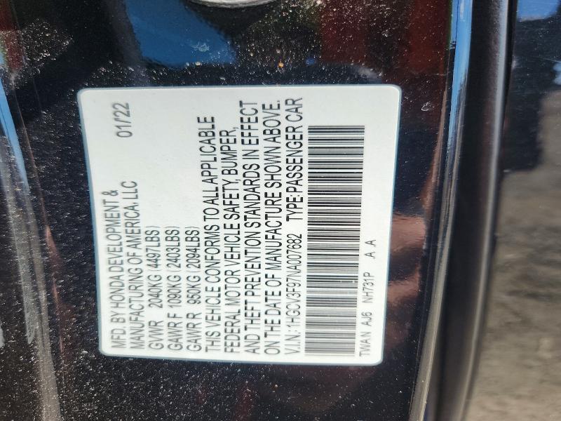2022 Honda Accord მანქანა იყიდება აუქციონზე, vin: 1HGCV3F97NA007682, აუქციონის ნომერი: 71221876
