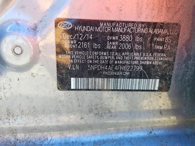 2015 Hyundai Elantra მანქანა იყიდება აუქციონზე, vin: 5NPDH4AE4FH622799, აუქციონის ნომერი: 72146076