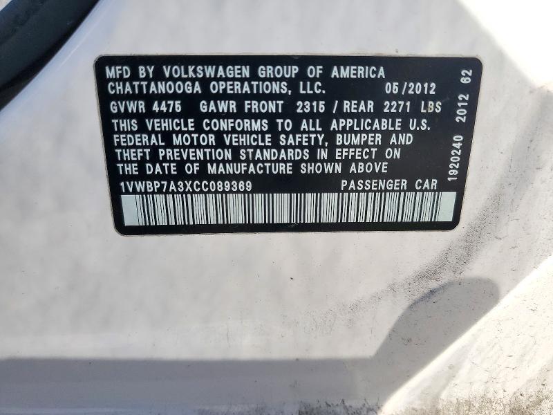 Aukcja sprzedaży 2012 Volkswagen Passat, vin: 1VWBP7A3XCC089369, numer aukcji: 71867426