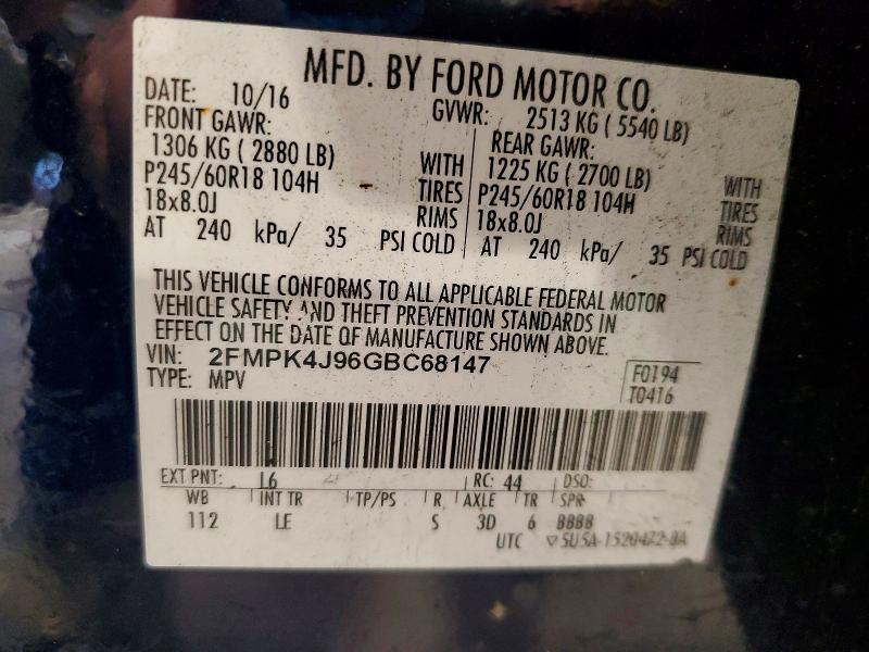 71090066 :رقم المزاد ، 2FMPK4J96GBC68147 vin ، 2016 Ford Edge مزاد بيع
