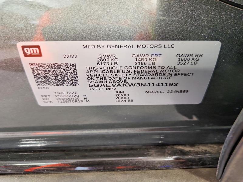 71451396 :رقم المزاد ، 5GAEVAKW3NJ141193 vin ، 2022 Buick Enclave مزاد بيع