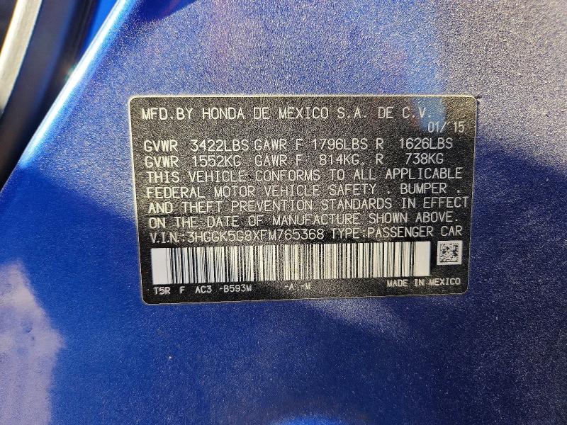 2015 Honda Fit მანქანა იყიდება აუქციონზე, vin: 3HGGK5G8XFM765368, აუქციონის ნომერი: 70714966