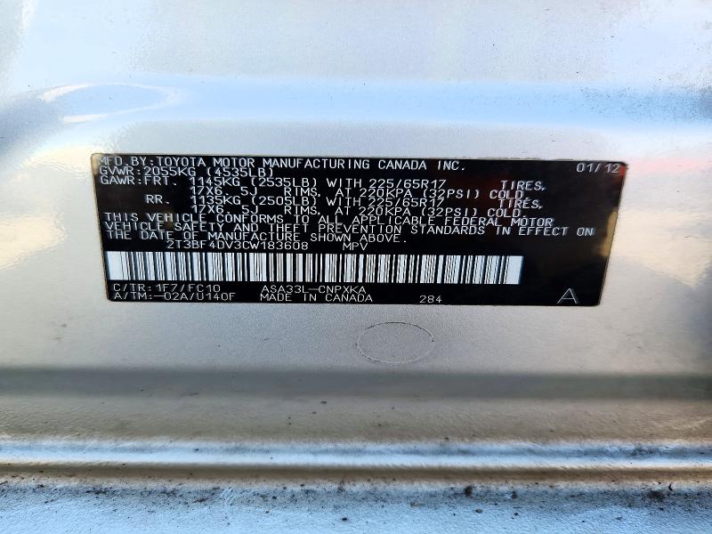 Продаж на аукціоні авто 2012 Toyota Rav4, vin: 2T3BF4DV3CW183608, номер лоту: 71671956
