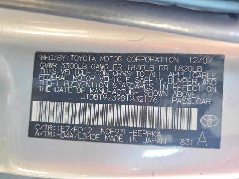 62004166 :رقم المزاد ، JTDBT923981232176 vin ، 2008 Toyota Yaris مزاد بيع