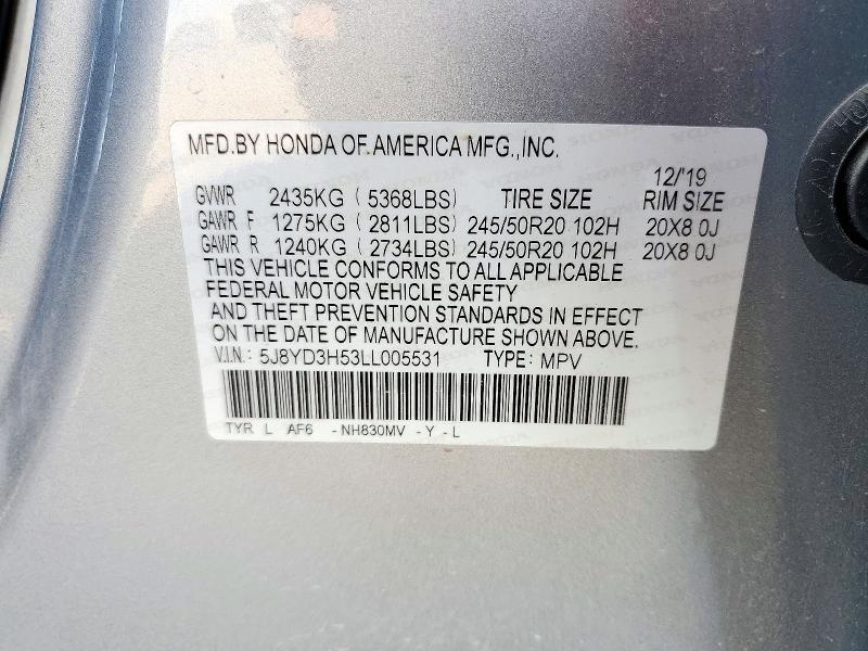 72404346 :رقم المزاد ، 5J8YD3H53LL005531 vin ، 2020 Acura Mdx مزاد بيع