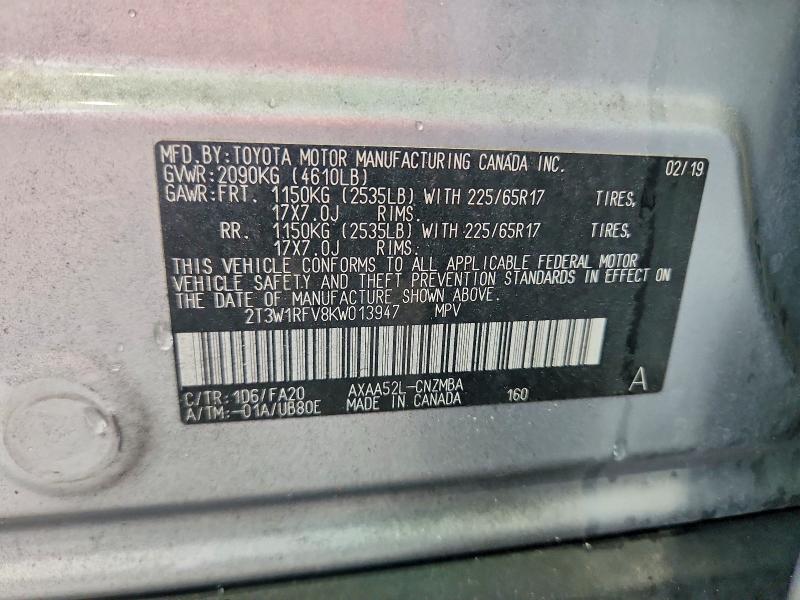 Aukcja sprzedaży 2019 Toyota Rav4, vin: 2T3W1RFV8KW013947, numer aukcji: 71087646
