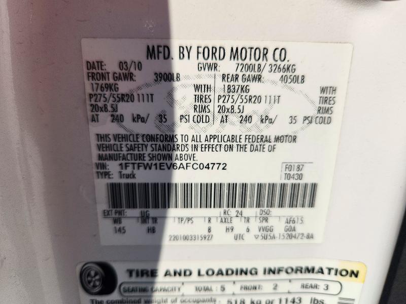 2010 Ford F150 მანქანა იყიდება აუქციონზე, vin: 1FTFW1EV6AFC04772, აუქციონის ნომერი: 72206296