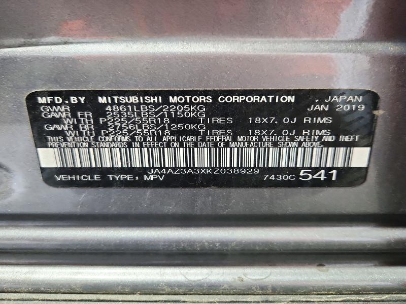 2019 Mitsubishi Outlander მანქანა იყიდება აუქციონზე, vin: JA4AZ3A3XKZ038929, აუქციონის ნომერი: 72770626