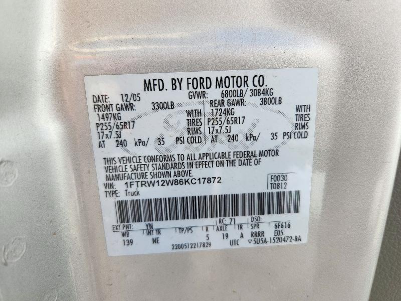 Продаж на аукціоні авто 2006 Ford F150, vin: 1FTRW12W86KC17872, номер лоту: 72048666