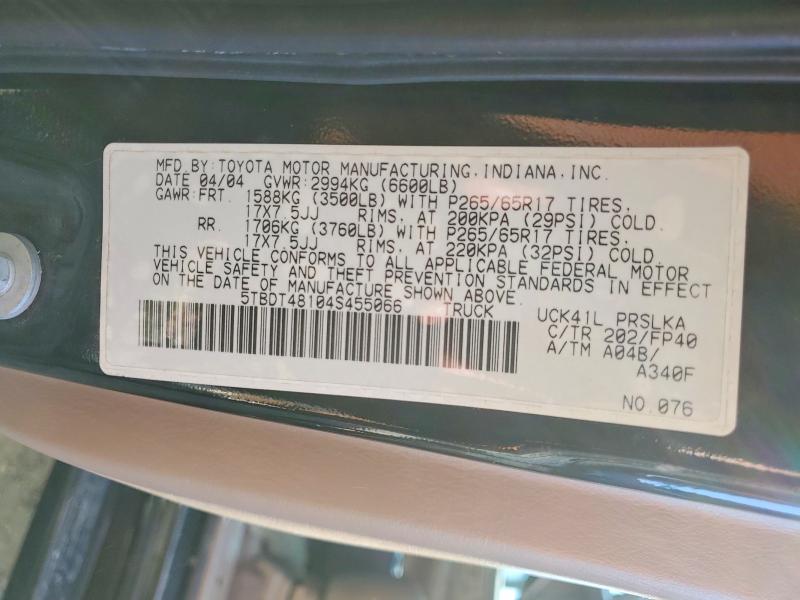 71107286 :رقم المزاد ، 5TBDT48104S455066 vin ، 2004 Toyota Tundra مزاد بيع