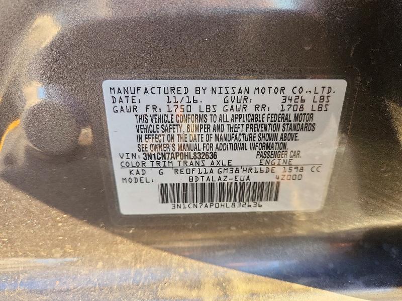 2017 Nissan Versa მანქანა იყიდება აუქციონზე, vin: 3N1CN7AP0HL832636, აუქციონის ნომერი: 73518496