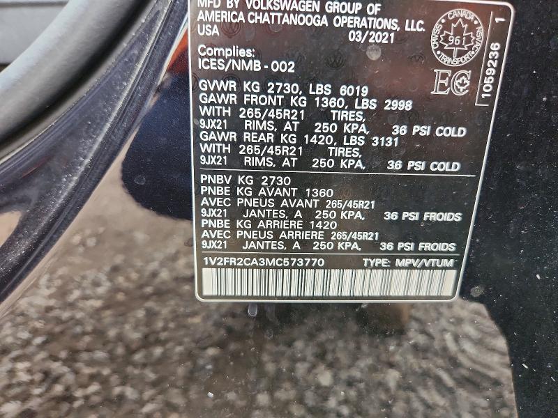 Продажа на аукционе авто 2021 Volkswagen Atlas, vin: 1V2FR2CA3MC573770, номер лота: 70312156