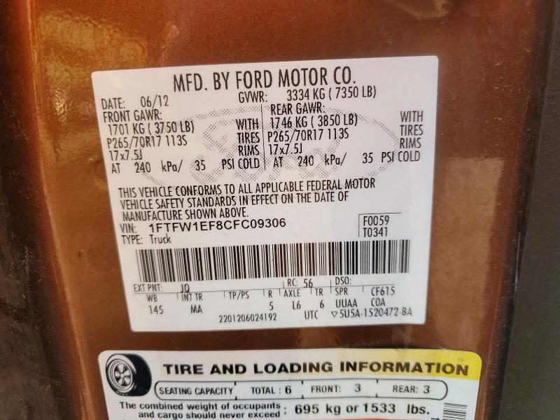 70848806 :رقم المزاد ، 1FTFW1EF8CFC09306 vin ، 2012 Ford F150 مزاد بيع