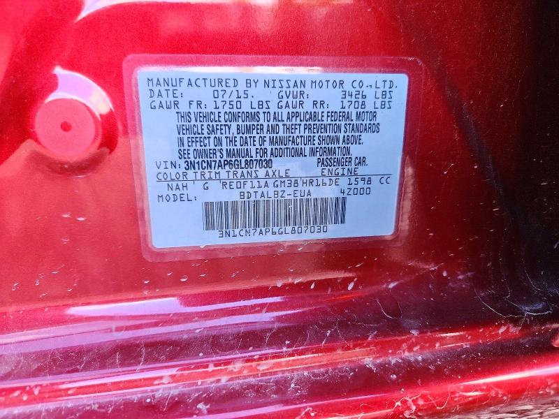 Auction sale of the 2016 Nissan Versa, vin: 3N1CN7AP6GL807030, lot number: 71632536